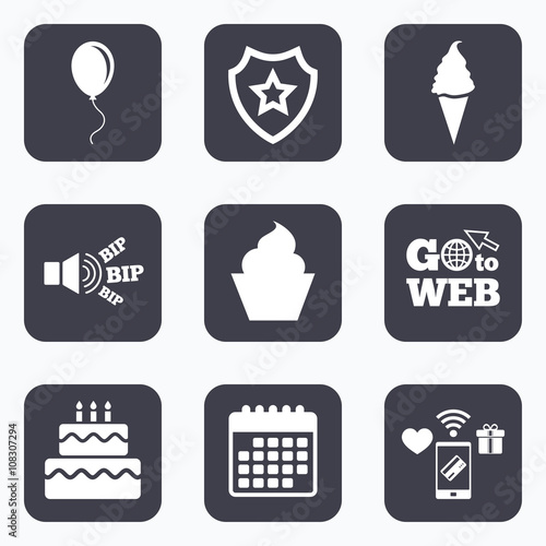 Birthday party icons. Cake with ice cream symbol