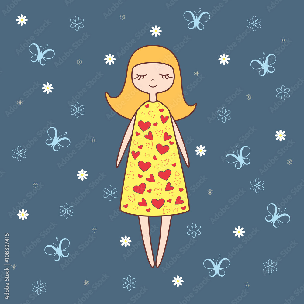 Vector illustration of nice doll on background with butterflies and flowers Vector illustration of nice doll on background with butterflies and flowers
