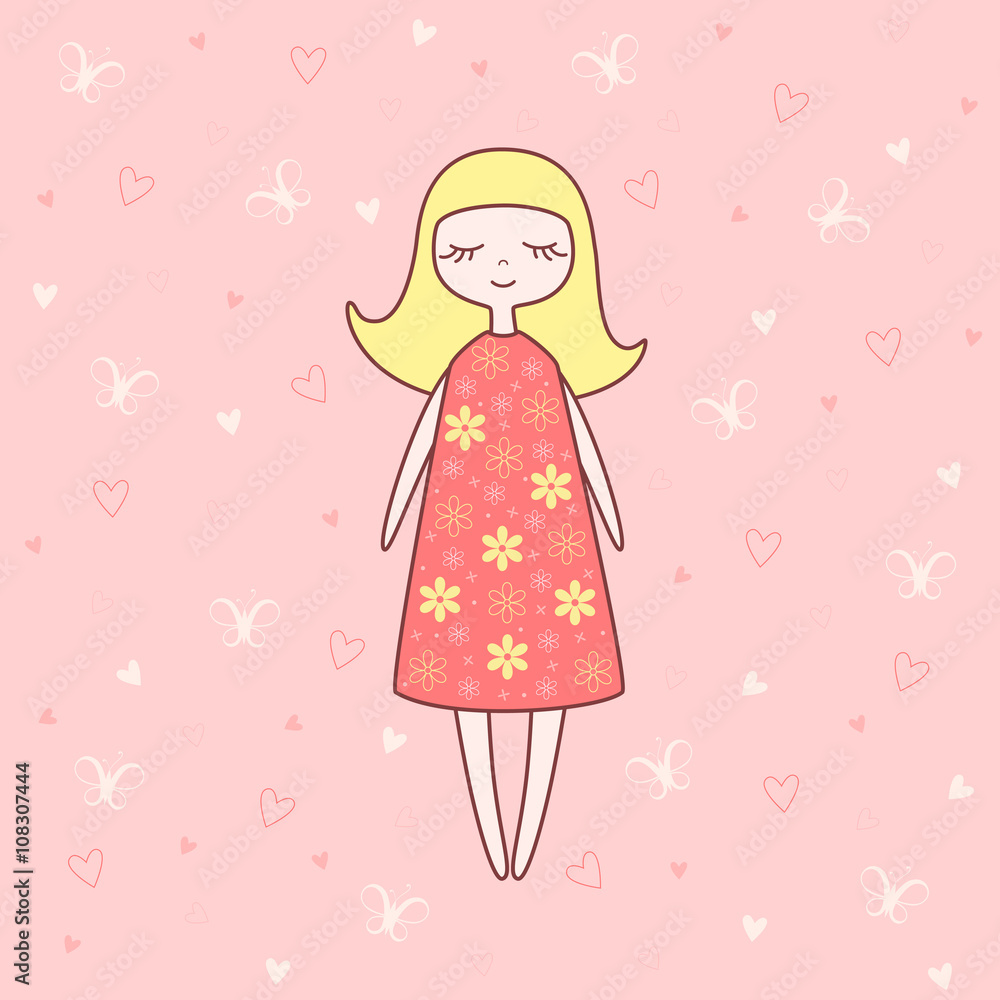 Vector illustration of nice doll on red background with butterflies and hearts Vector illustration of nice doll on red background with butterflies and hearts