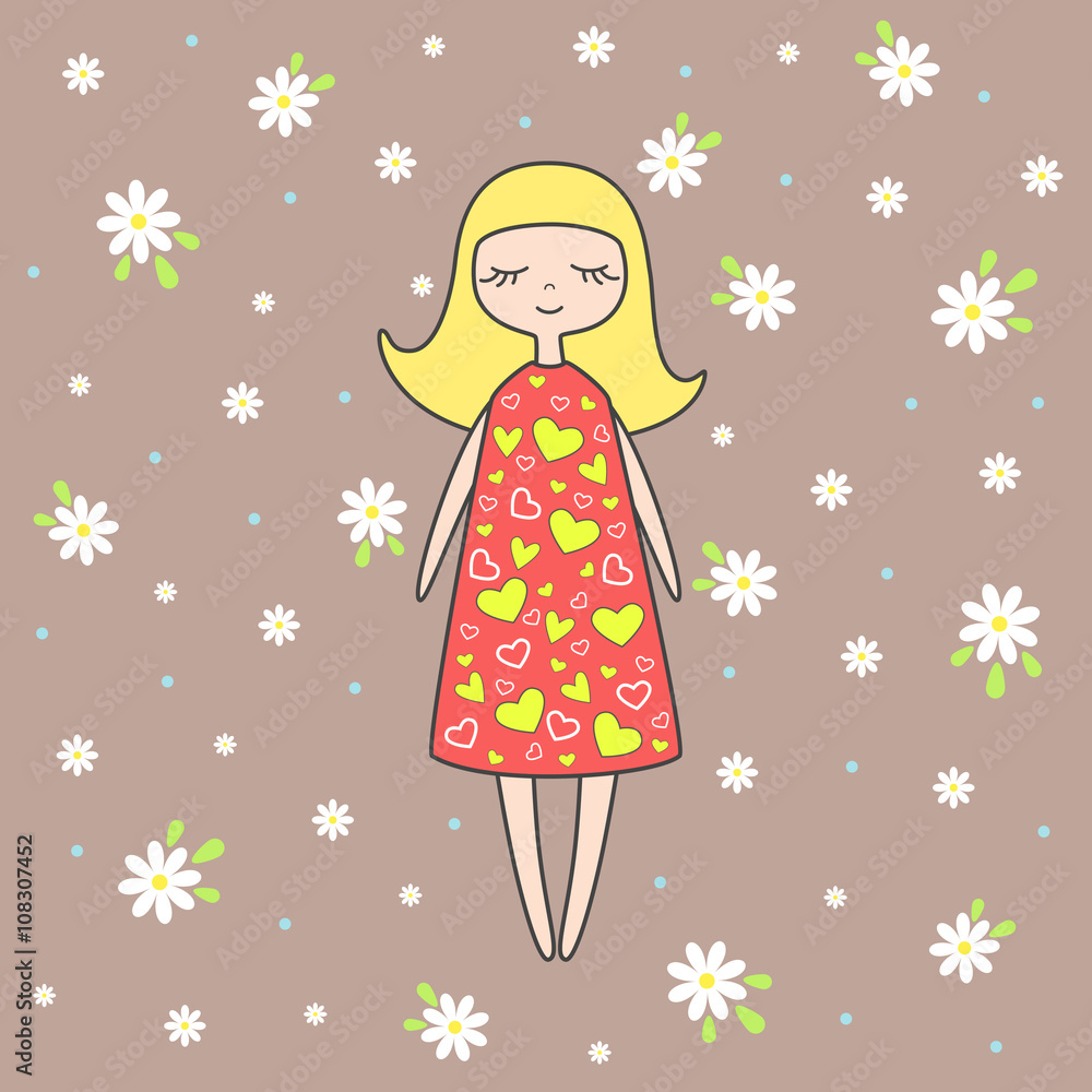 Vector illustration of nice doll on background with flowers Vector illustration of nice doll on background with flowers