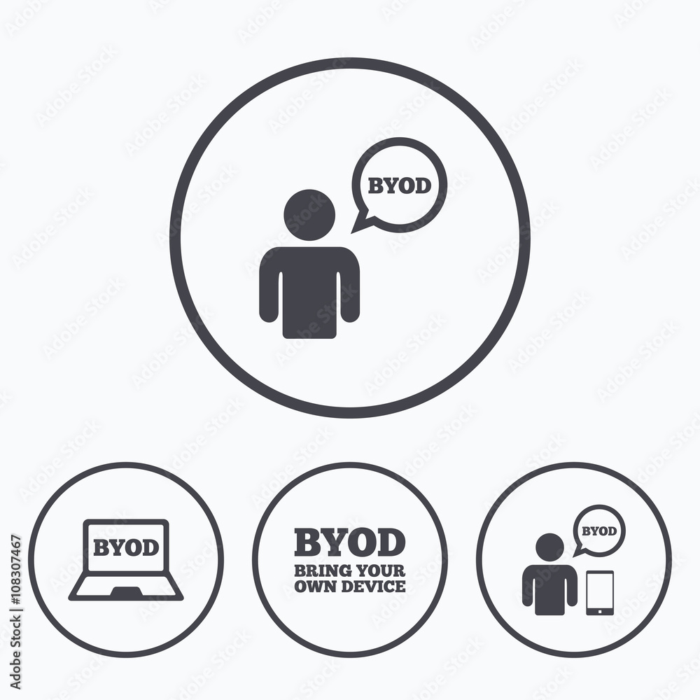 BYOD signs. Human with notebook and smartphone. BYOD signs. Human with notebook and smartphone.