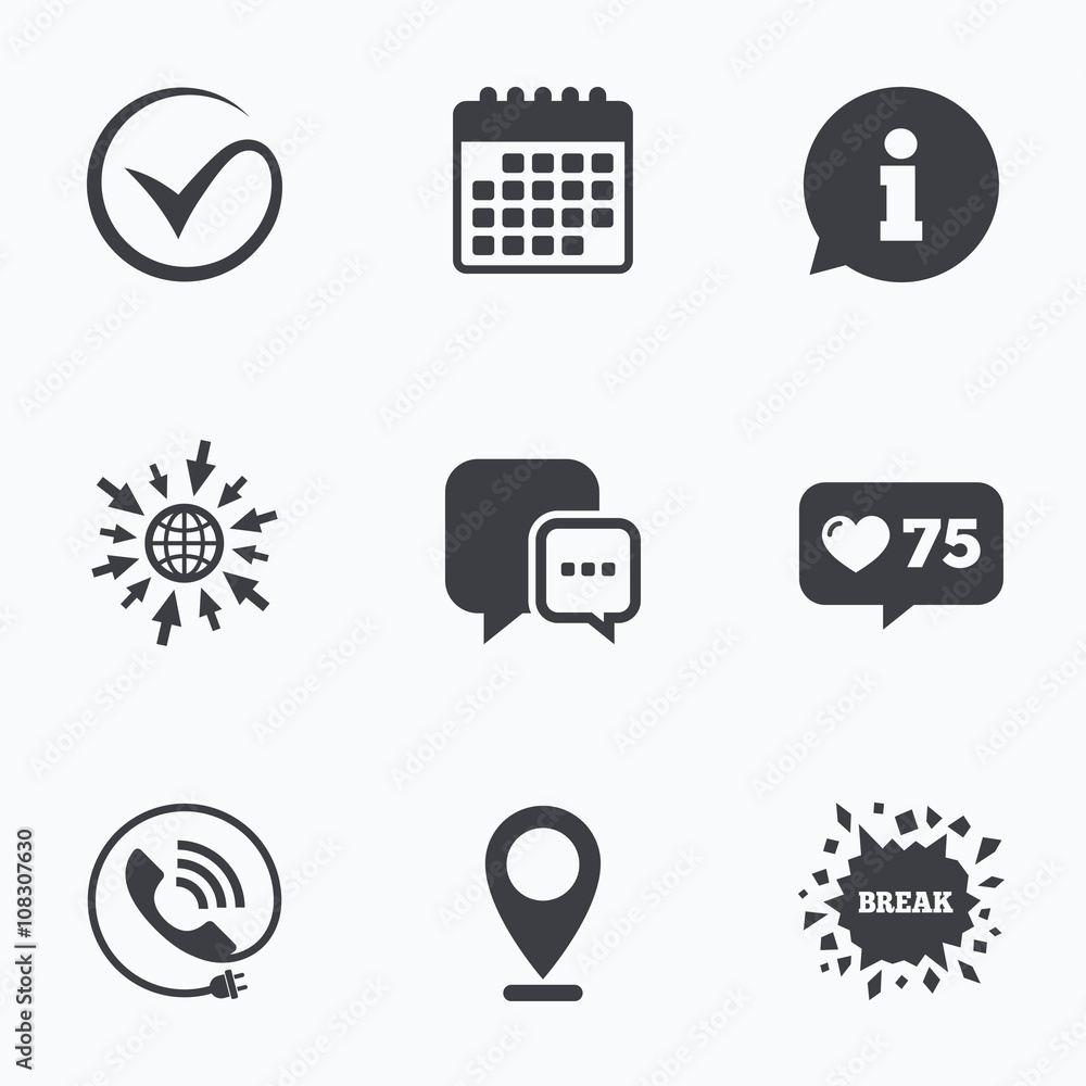 Check or Tick. Phone call and Information sign. Check or Tick. Phone call and Information sign.