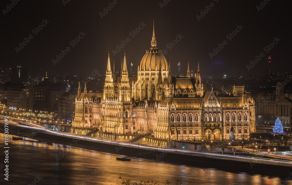 Illuminated Hungarian Parliament Building in Budapest, Hungary at Night