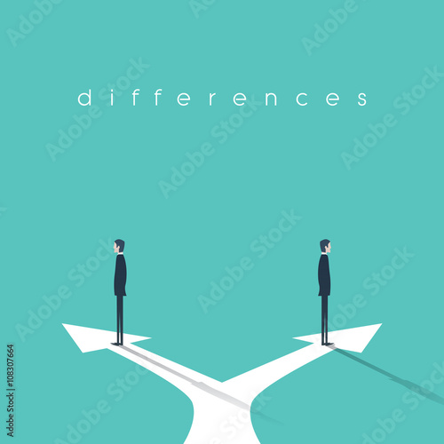 Business concept of confrontation, different opinions and disagreement. Two businessmen standing in opposite directions.