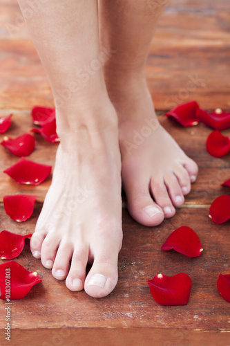 Pedicure, woman legs surround with rose petals
