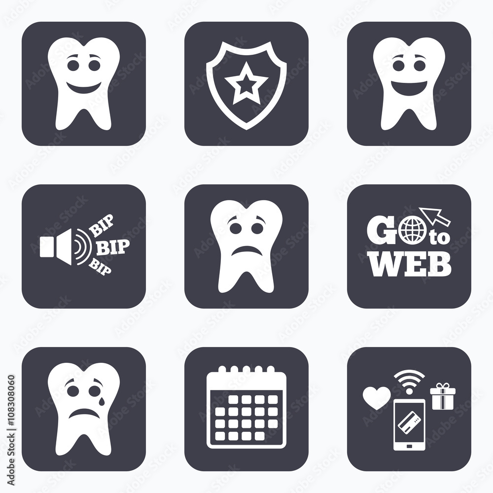 Tooth happy, sad and crying face icons.