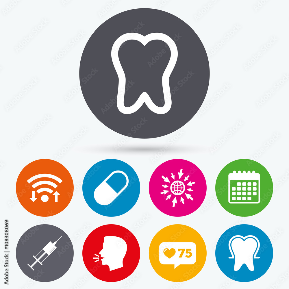 Tooth enamel icons. Medical syringe and pill. Tooth enamel icons. Medical syringe and pill.