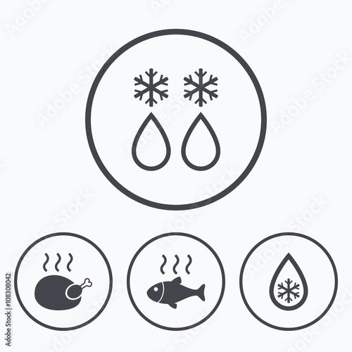 Defrosting drop and snowflake. Fish, chicken.