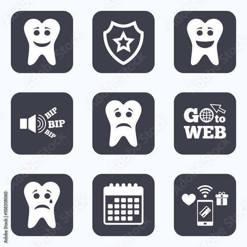 Tooth happy, sad and crying face icons.