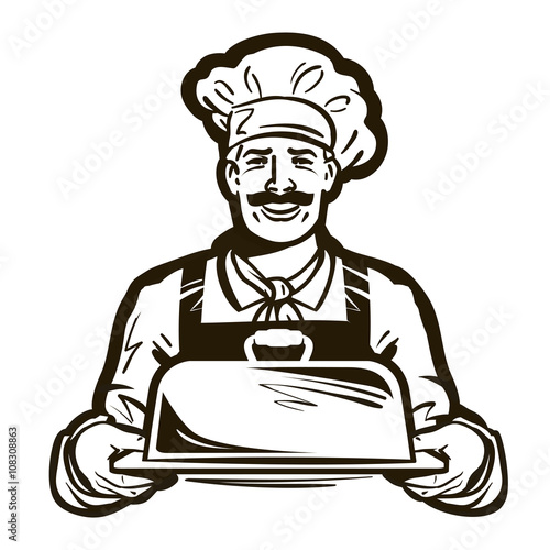 drawing of a chef with hat and hot plate tray. hand drawn vector illustration