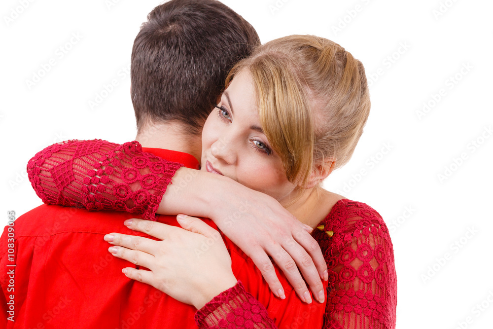 Couple. Woman is sad and being consoled by his partner Stock Photo ...