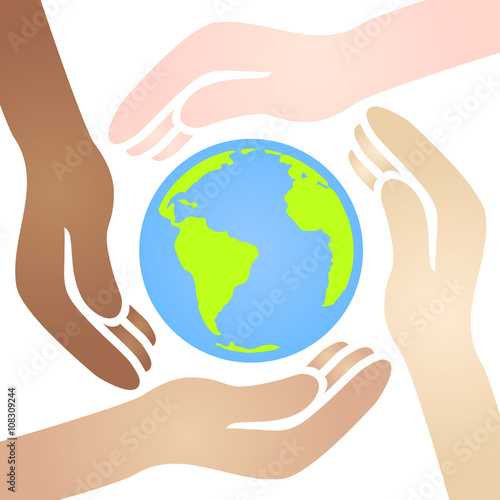 Diverse African American, White, Latino, and Asian Hands Joining Together to Cradle the Blue and Green World