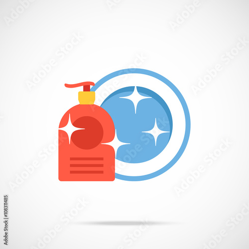 Dishwashing liquid bottle and plate flat icon. Washing dishes concept. Vector illustration