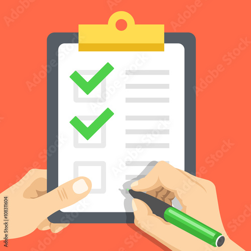 Hand wih pen and hand holds clipboard with green checkmarks. Flat design concept. Vector illustration