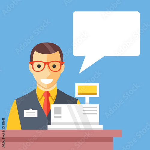 Supermarket cashier and speech bubble, Flat design concept. Creative vector illustration