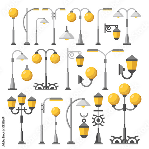 Street light set. Outdoor post lights, lamps, street lanterns, city elements collection. Flat design concept vector illustration