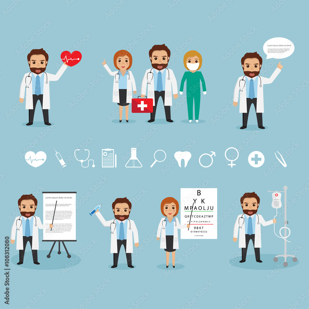 set of doctor character at hospital. health care. hospital icon. set of doctor character at hospital. health care. hospital icon.