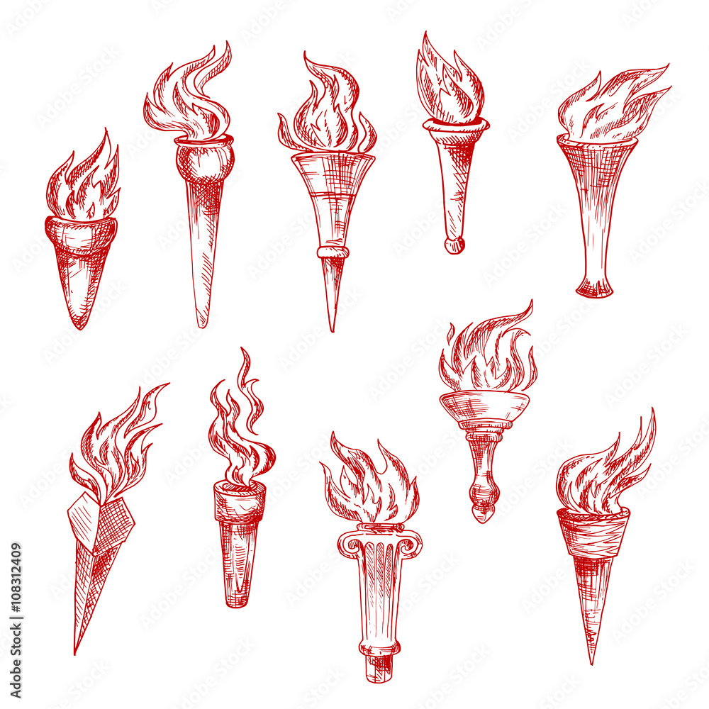 Obraz premium Handheld and wall red flaming torches sketch icons