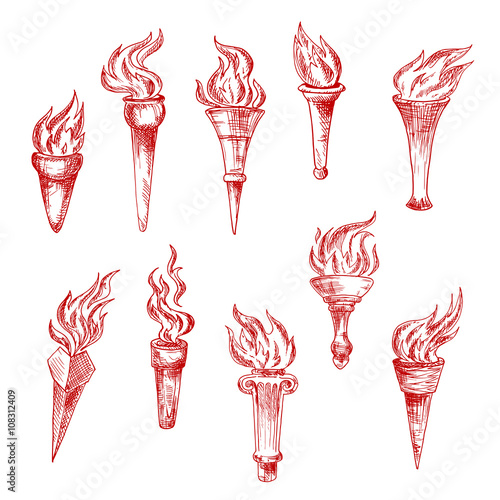 Handheld and wall red flaming torches sketch icons