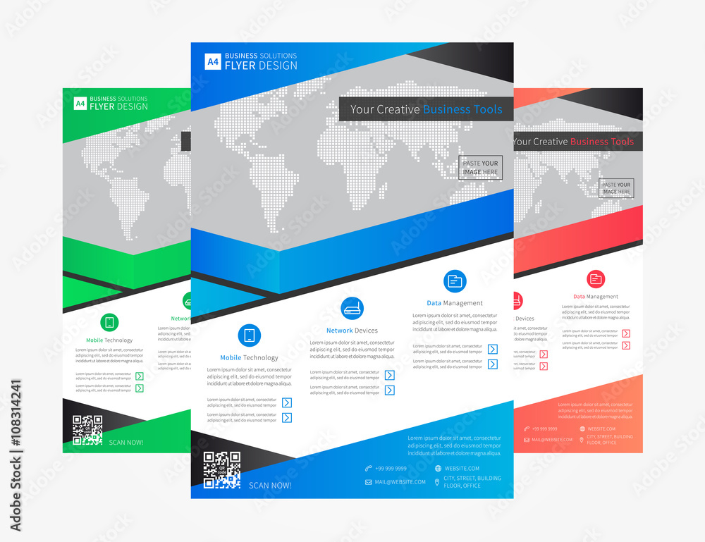 Advertising flyer (leaflet, brochure, report, booklet) layout vector design. A4 size template page with sample text, icons, decorative elements and 3 colors (blue, red, green), ready to print.

