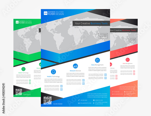 Advertising flyer (leaflet, brochure, report, booklet) layout vector design. A4 size template page with sample text, icons, decorative elements and 3 colors (blue, red, green), ready to print. 