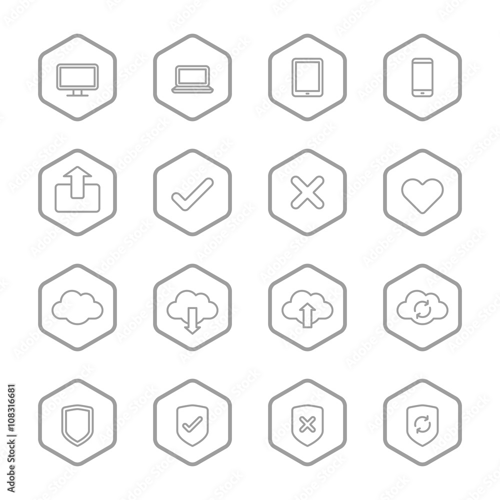 gray line web icon set with hexagon frame for web design, user interface (UI), infographic and mobile application (apps) gray line web icon set with hexagon frame for web design, user interface (UI), infographic and mobile application (apps)