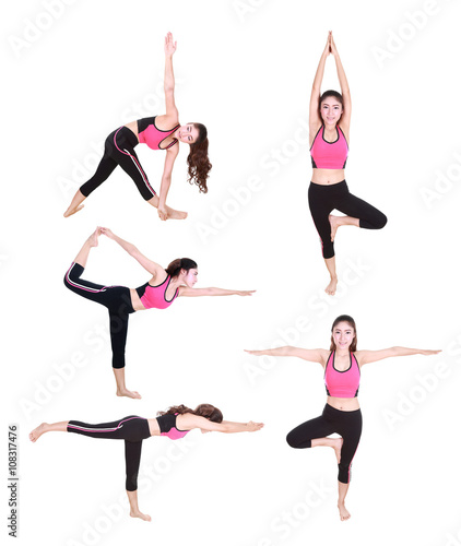 set of young woman doing yoga exercise isolated on white