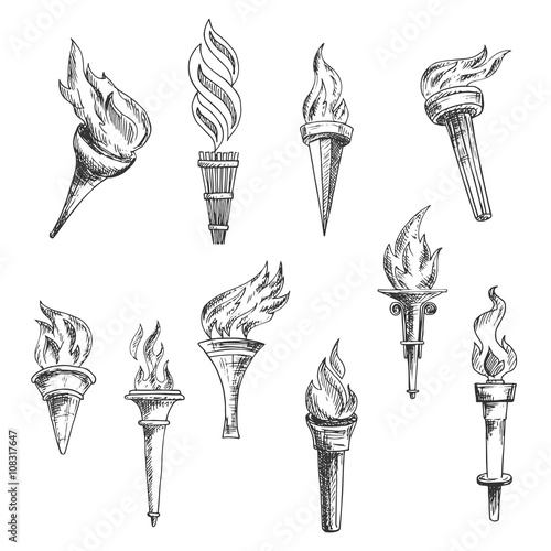 Ancient wooden flaming torches sketches