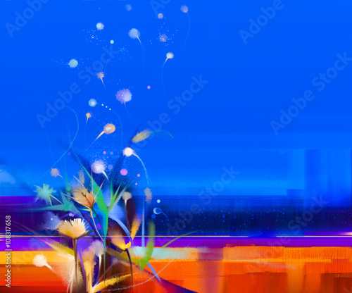 Abstract colorful oil painting landscape on canvas. Semi- abstract image of flowers in meadows ( field ) and blue sky. Spring season nature background