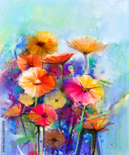 Abstract floral watercolor painting. Hand paint White, Yellow, Pink and Red color of daisy- gerbera flowers in soft color on blue- green color background.Spring flower seasonal nature background