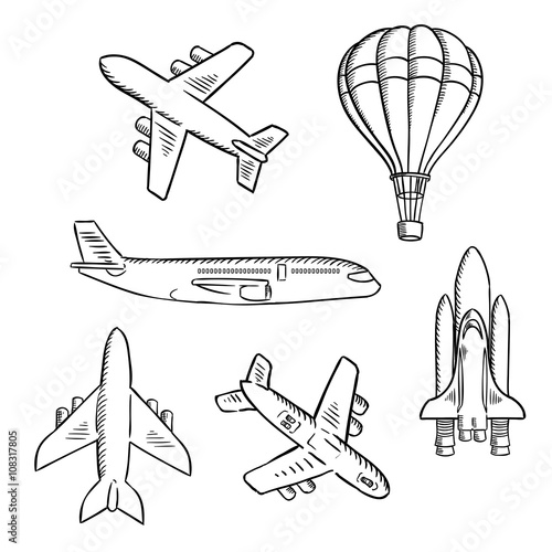 Airplanes, space shuttle, hot air balloon sketches