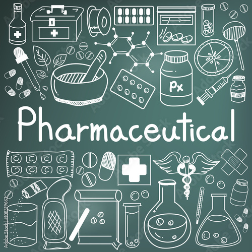 pharmaceutical and pharmacist doodle handwriting icons of medicines tools sign and symbol in blackboard background for health presentation or subject title, create by vector