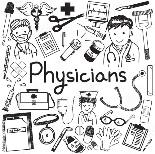 Physician doctor and other medic professions doodle cartoon icons of people medicines tools sign and symbol in white isolated paper background for health presentation or title, create by vector