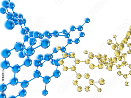 blue and gold molecule structures on white background