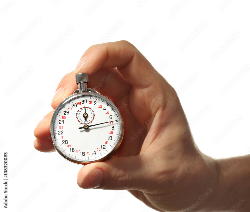 Stopwatch in hand isolated on white, close up Stopwatch in hand isolated on white, close up