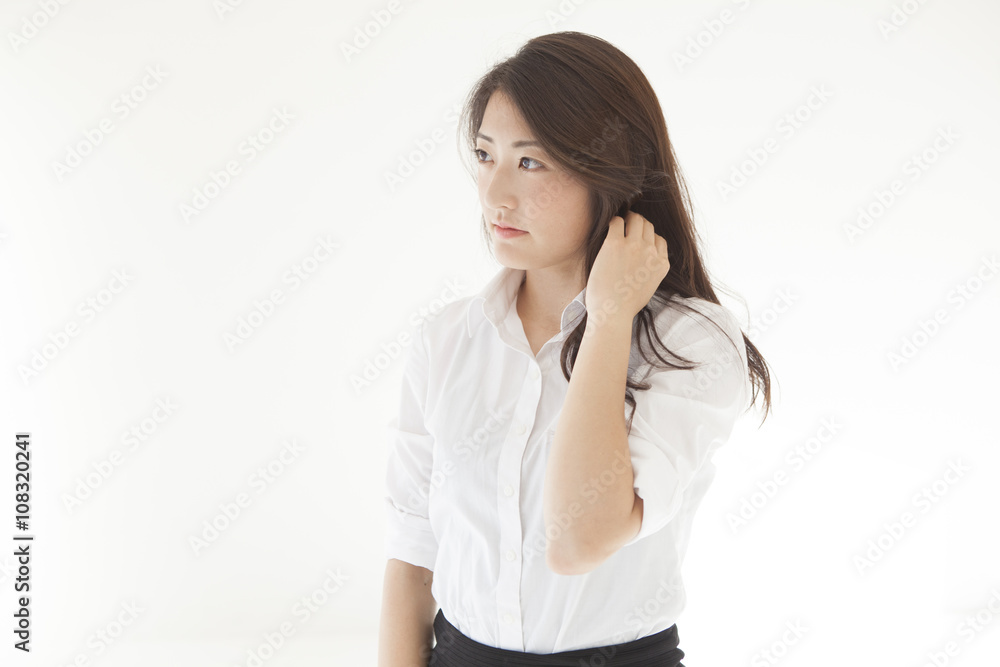 Young women are touching the long hair Young women are touching the long hair