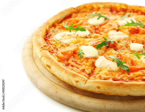 Margherita pizza with fresh arugula, isolated on white