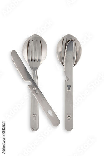 Travel set of knife  fork  spoon on a white background