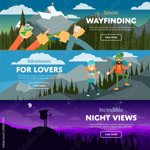 Banners of hiking, trekking and andventure. Vector illustration. Activity life. Outdoor leisure. Extreme tourism. Mountain peak.  photo