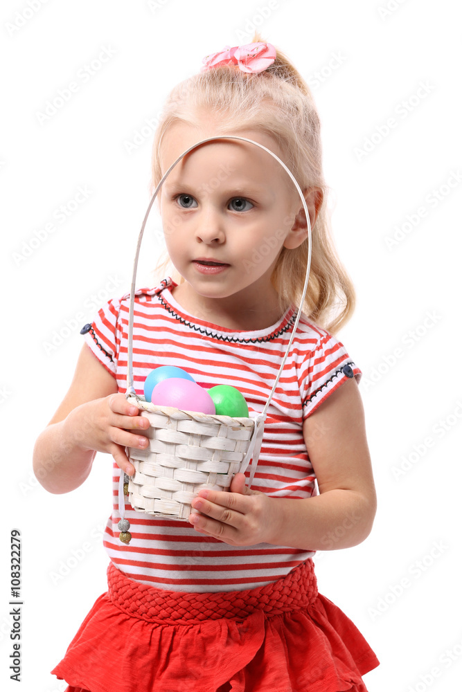 Little girl holding basket with Easter eggs isolated on white Little girl holding basket with Easter eggs isolated on white