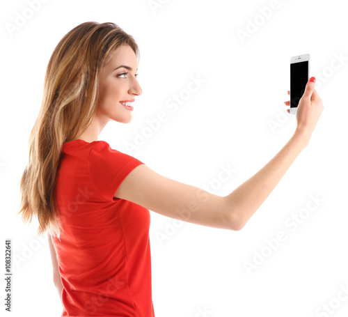 Young woman in red tee-shir...