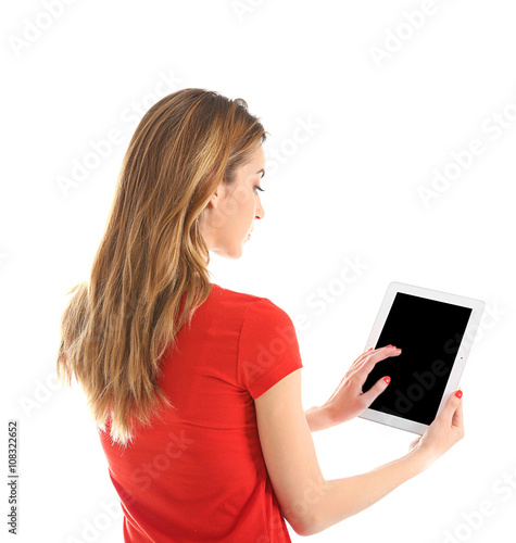 Young woman in red tee-shir...