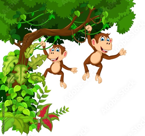 Fototapeta Naklejka Na Ścianę i Meble -  funny two monkey cartoon hanging in the tree 
