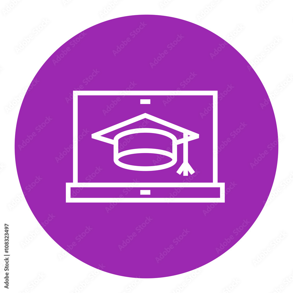 Laptop with graduation cap on screen line icon. Laptop with graduation cap on screen line icon.