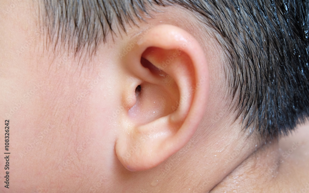 ear wall at entrance to inner ear with water drops of asian boy ear wall at entrance to inner ear with water drops of asian boy