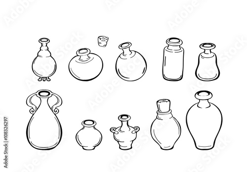 Set of ten vector hand-drawn magic glass vials, bottles and jars. Stylized illustration in doodle style and cartoon. The linear image, the dynamic line.
