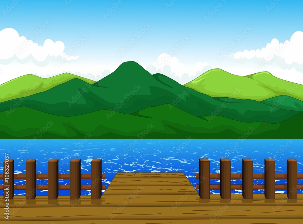 beautiful view of dock cartoon with mountain landscape background Stock  Vector | Adobe Stock