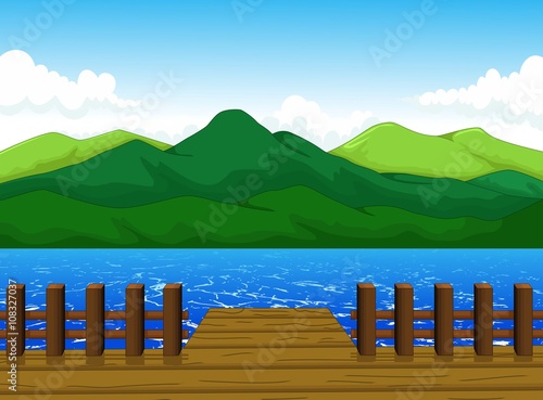 beautiful view of dock cartoon with mountain landscape background