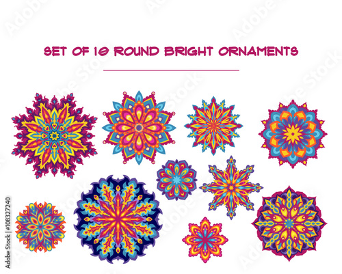Set of ten bright colorful geometric round floral ornaments. Elements for decor, design and printing.