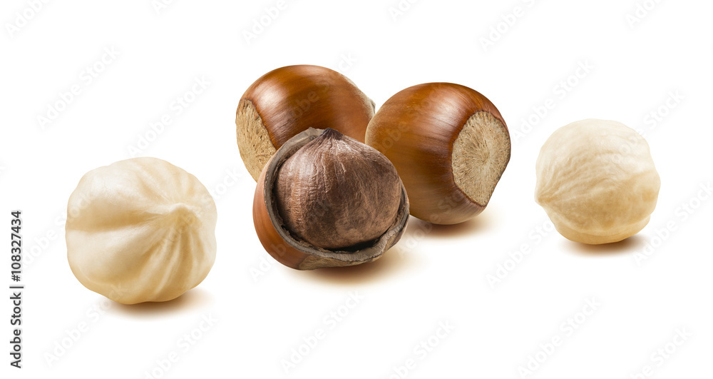 Hazelnut nut group 2 peeled off isolated on white background Hazelnut nut group 2 peeled off isolated on white background